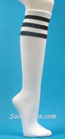 Glitter Black Stripes White High socks for women