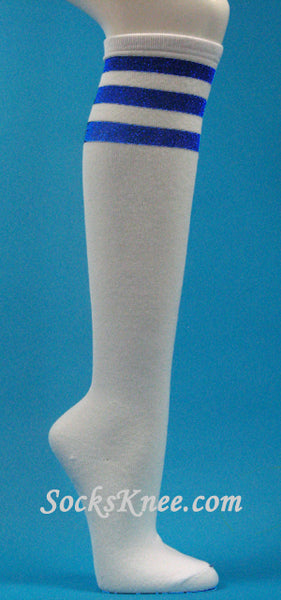 Glitter Blue on White stripe knee high socks for women