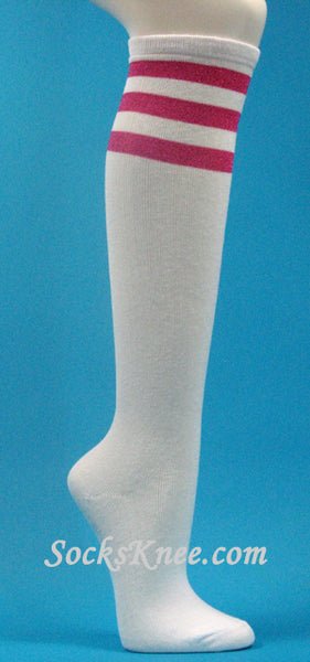 Glitter Hot Pink Stripes on White Knee Hi socks for woman