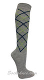 Gray with Lime / Navy Line Argyle Women knee High Socks