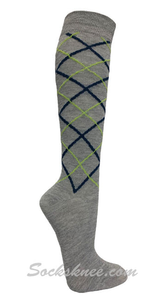 Gray with Lime / Navy Line Argyle Women knee High Socks