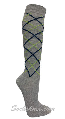 Gray with Lime / Navy Line Argyle Women knee High Socks