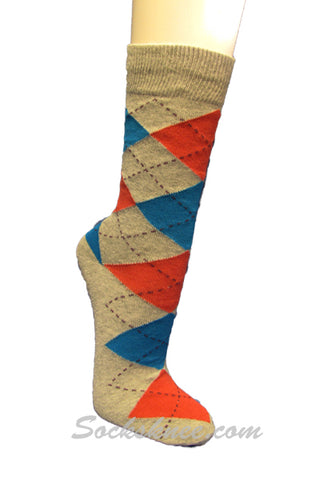 Gray Orange Bright Blue Argyle Mens Cotton Mid-Calf Dress socks