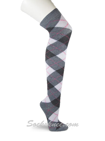 Gray White Charcoal Ladies Women Argyle Over the knee Socks