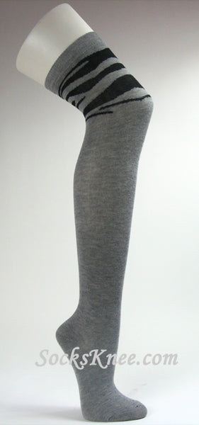 Zebra Striped on Thigh Gray Over Knee High Socks for Women