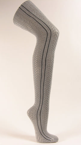 Light gray tights with vertical stripe and chevron pattern lace
