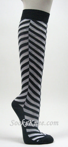 Charcoal Gray White Chevron Herringbone Womens Stripe Knee Sock