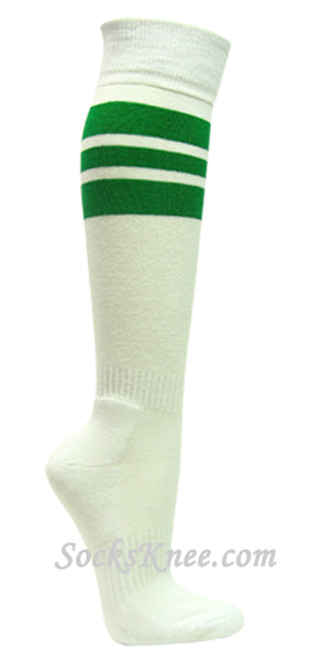White cotton knee socks with green stripes for sports