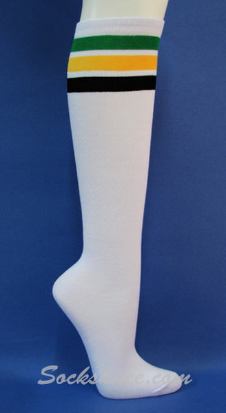 Green, Yellow, Black stripes on White knee high socks for Women