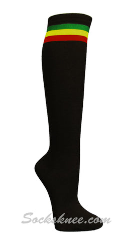 Green Yellow Red Stripes Black Non-Athletic Fashion Knee Socks