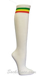 Green Yellow Red stripes on White knee high socks for Women
