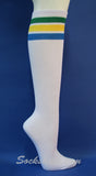 Green, Yellow, Coast stripes on White knee high socks for Women