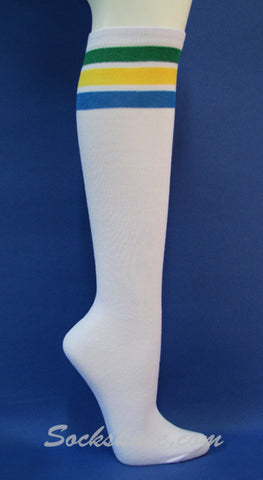 Green, Yellow, Coast stripes on White knee high socks for Women