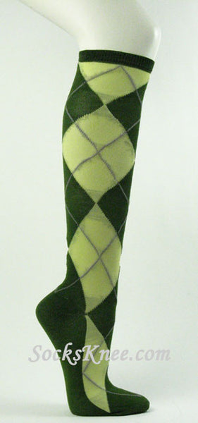 Moss Green Lemonade Yellow White Large Argyle Knee Socks