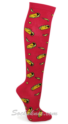 Ladies Hot Pink with Tacos Patterned Stylish Knee High Socks