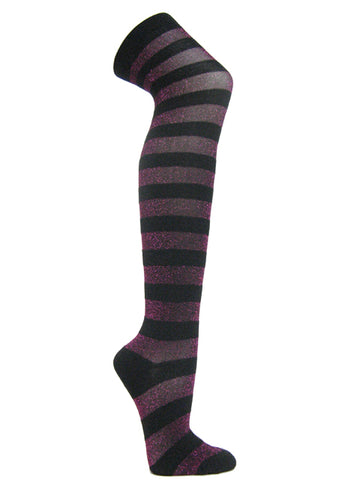 Hot pink black glitter sparkling wide striped over knee socks