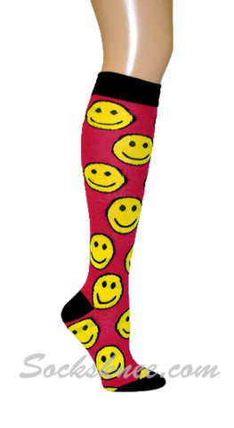 Happy Face Hot Pink Knee High Fashion Socks