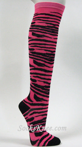 Hot Pink  White Zebra Striped Women's High Knee Socks