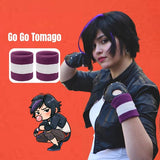 Purple and white wristbands styled with a hero-inspired outfit