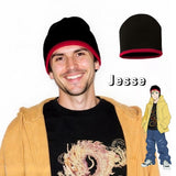 Black knit beanie with red trim