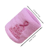 Pink ribbon wristband with size measurements of 3.15 by 4 inches