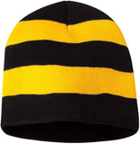 Black and gold striped knit beanie front product view