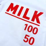 Close-up of red milk bottle graphic
