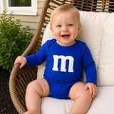 M&M print baby onesie detail view