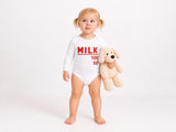 Baby wearing milk bottle graphic long sleeve bodysuit