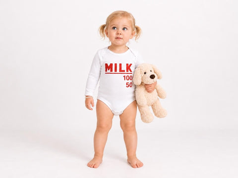 Baby wearing milk bottle graphic long sleeve bodysuit