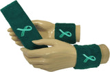 Teal ribbon terry headband and wristbands set on mannequin hands
