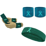 Teal terry wristbands and headband with embroidered ribbon shown on a mannequin hand