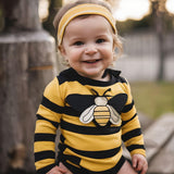Mom and Baby Bee Costume Set: Striped Baby Bodysuit and Beekeeper Net Hat
