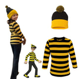 Kids Black & Yellow Striped Costume Set: Long-Sleeve Tee & Pom-Pom Beanie