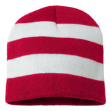 Red and white striped knit beanie without a pom-pom