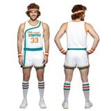 White basketball uniform with orange and teal accents and matching accessories