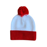 White and red color-block beanie with red pom-pom