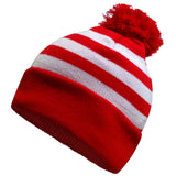 Red and white striped beanie with red cuff and red pom-pom