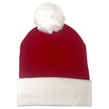 Red knit beanie with white cuff and white pom-pom