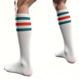 White knee-high socks with teal and orange stripes