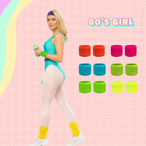 Retro Neon Wristband & Scrunch Socks – 80s Aerobics Workout Costume Accessories