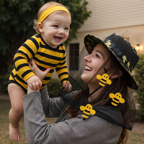 Mom and Baby Bee Costume Set: Striped Baby Bodysuit and Beekeeper Net Hat