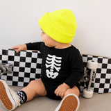 Skeleton bodysuit outfit with neon beanie, checkered socks and sneakers