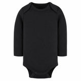Plain black baby bodysuit with shoulder flaps and snap bottom