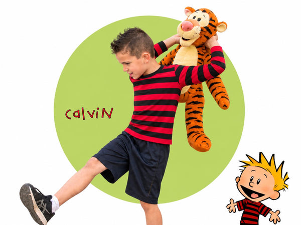 Red and black striped long sleeve shirt with shorts and tiger plush