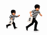 Two kids wearing full thief costume with beanie and mask