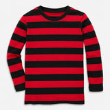 Red and black striped shirt flat lay