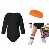Black bodysuit, orange headband and rainbow knee socks set