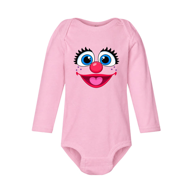 Light pink long-sleeve baby bodysuit with fairy-monster face graphic