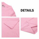 Inside collar and stitched hem detail of light pink long-sleeve tee